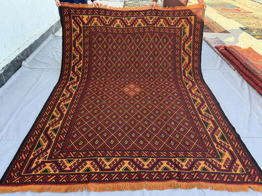 7x9ft Golden & Rustic Red Flat-Woven Embroidered Kilim - Afghan Tribal Woollen Rug - Qalai-Naw Area Rug for Living Room and Bedroom