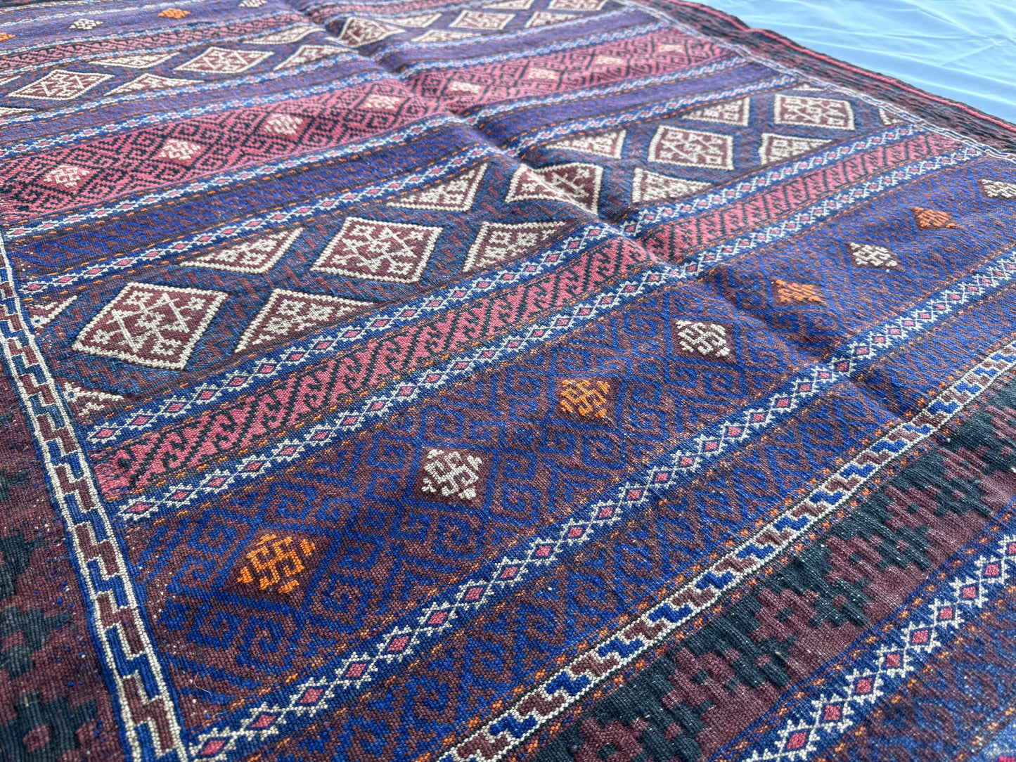 4.3x6.8ft Colourful Flat-Woven Embroidered Kilim - Vintage Afghan Tribal Woollen Rug - Qalai-Naw Area Rug for Living Room and Bedroom