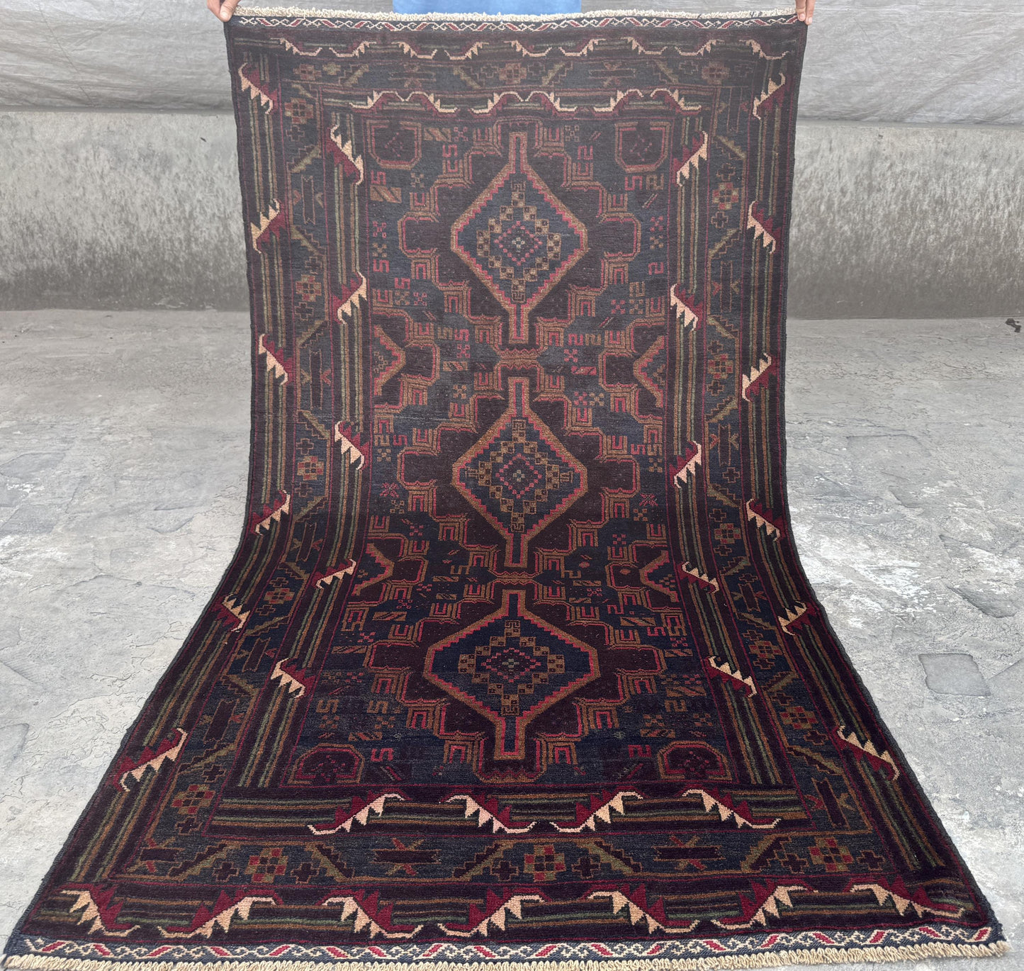 3.8x6.7 Afghan Tribal Woollen Carpet - Handmade Nomadic Rug - Baluchi Vintage Rug for Living room - Bedroom Rug - Dinning Room Rug