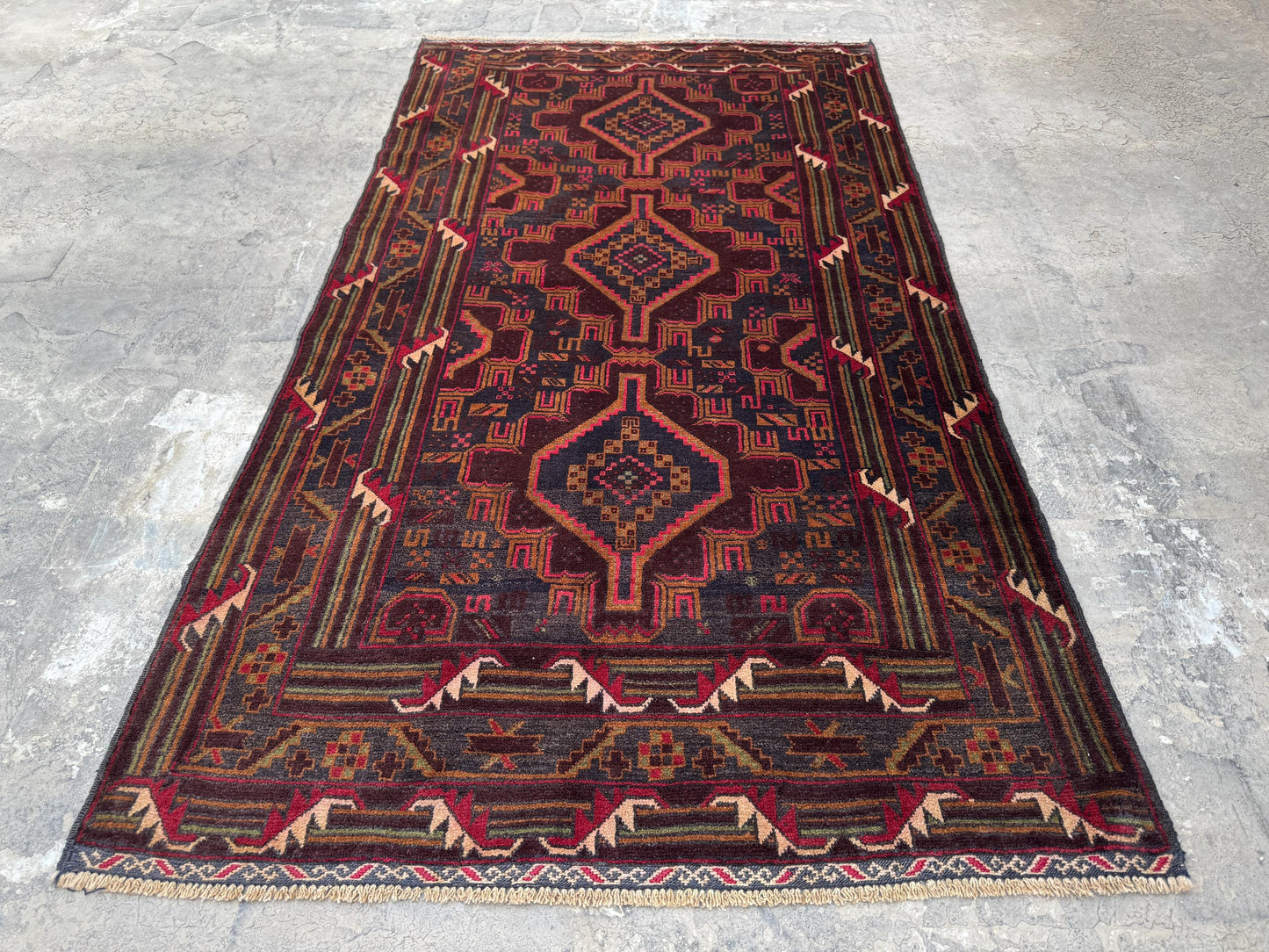 3.8x6.7 Afghan Tribal Woollen Carpet - Handmade Nomadic Rug - Baluchi Vintage Rug for Living room - Bedroom Rug - Dinning Room Rug