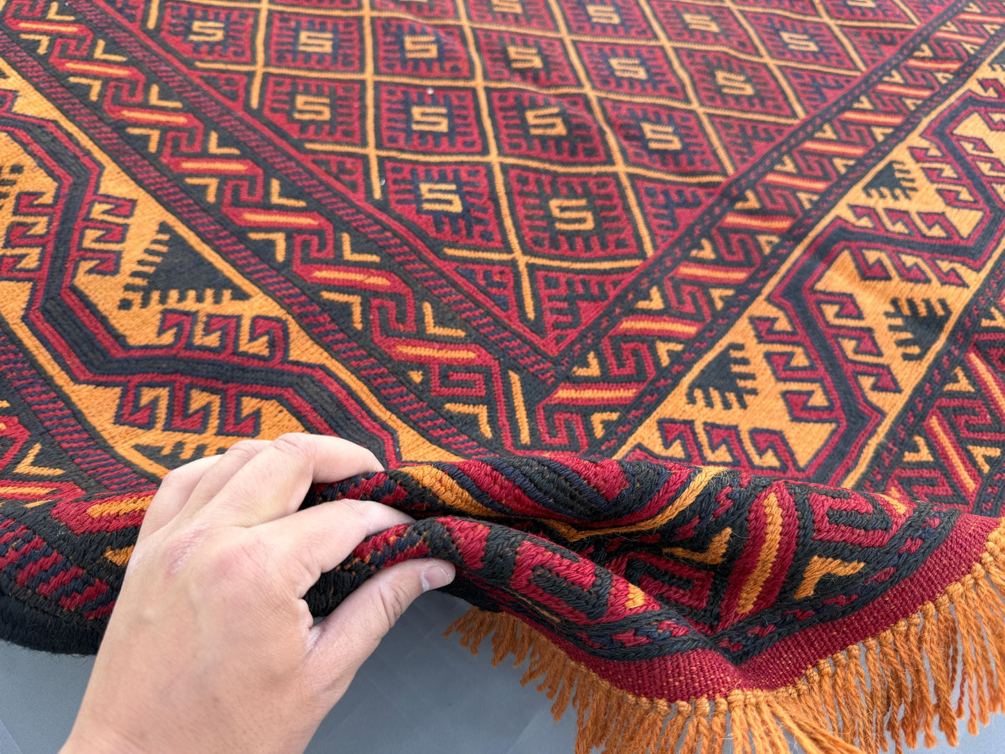 7x9ft Golden &amp; Rustic Red Flat-Woven Embroidered Kilim - Afghan Tribal Woollen Rug - Qalai-Naw Area Rug for Living Room and Bedroom