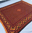 7x9ft Golden &amp; Rustic Red Flat-Woven Embroidered Kilim - Afghan Tribal Woollen Rug - Qalai-Naw Area Rug for Living Room and Bedroom