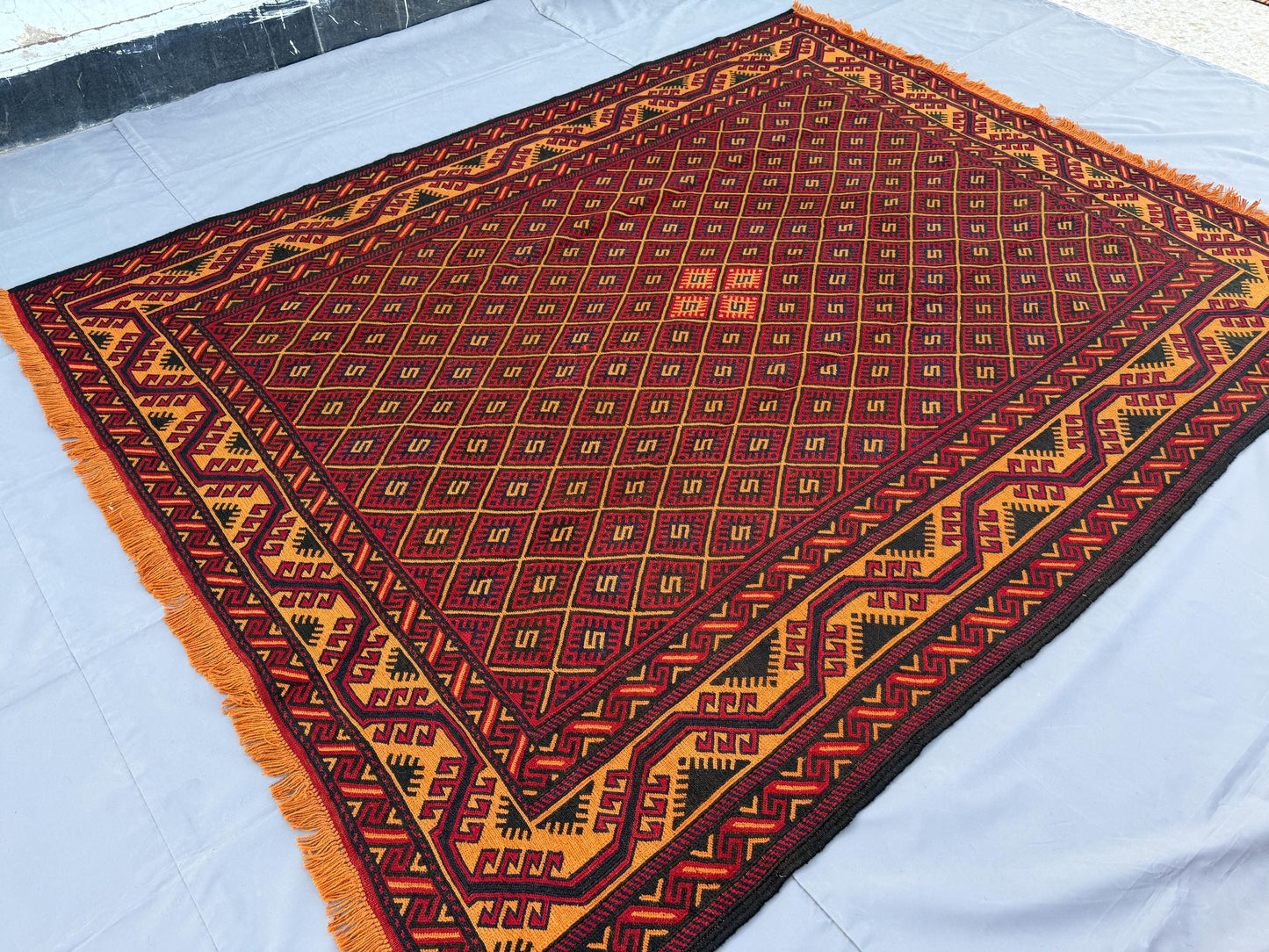 7x9ft Golden &amp; Rustic Red Flat-Woven Embroidered Kilim - Afghan Tribal Woollen Rug - Qalai-Naw Area Rug for Living Room and Bedroom