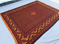 7x9ft Golden &amp; Rustic Red Flat-Woven Embroidered Kilim - Afghan Tribal Woollen Rug - Qalai-Naw Area Rug for Living Room and Bedroom