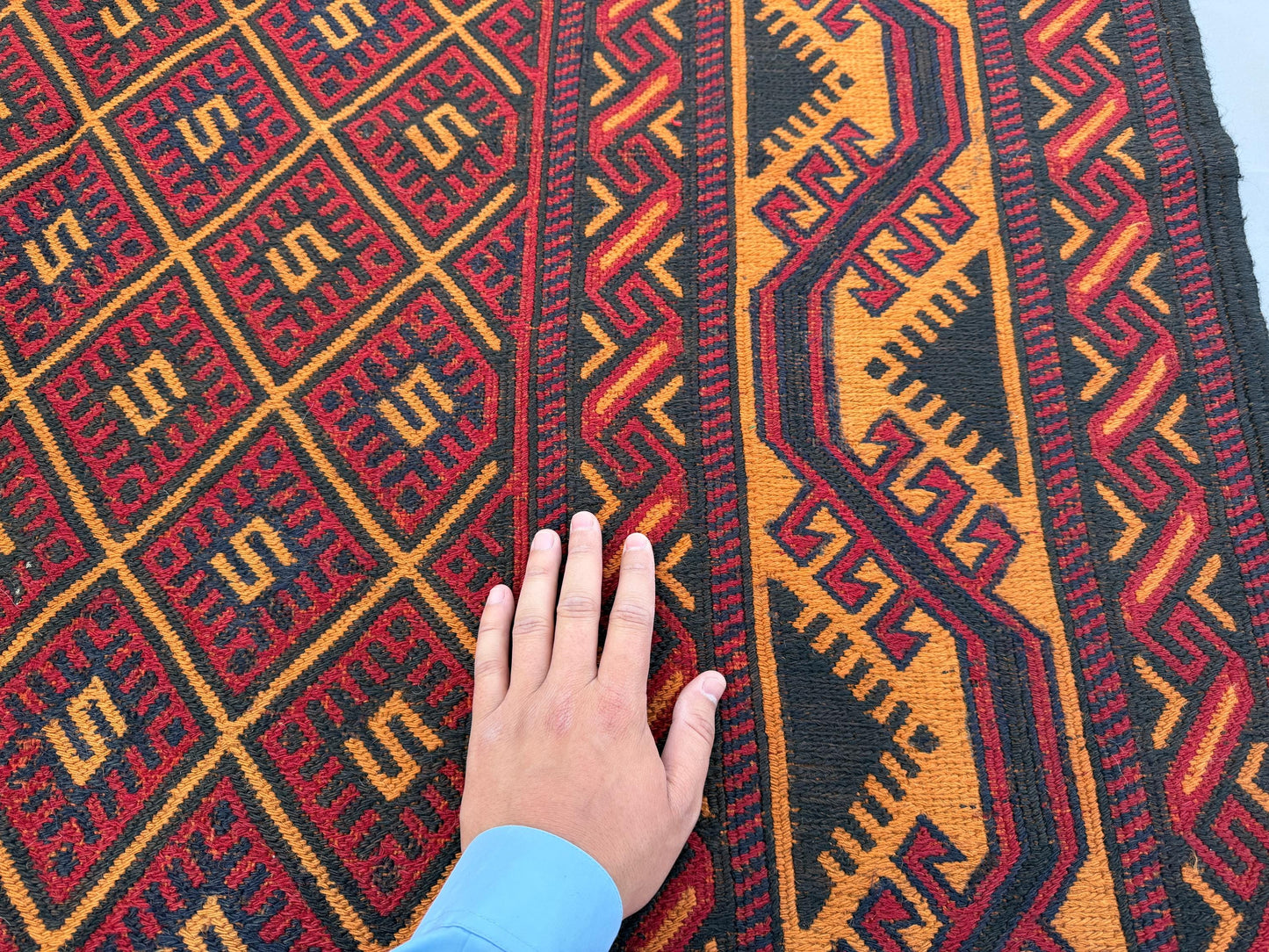 7x9ft Golden &amp; Rustic Red Flat-Woven Embroidered Kilim - Afghan Tribal Woollen Rug - Qalai-Naw Area Rug for Living Room and Bedroom