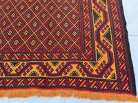 7x9ft Golden &amp; Rustic Red Flat-Woven Embroidered Kilim - Afghan Tribal Woollen Rug - Qalai-Naw Area Rug for Living Room and Bedroom