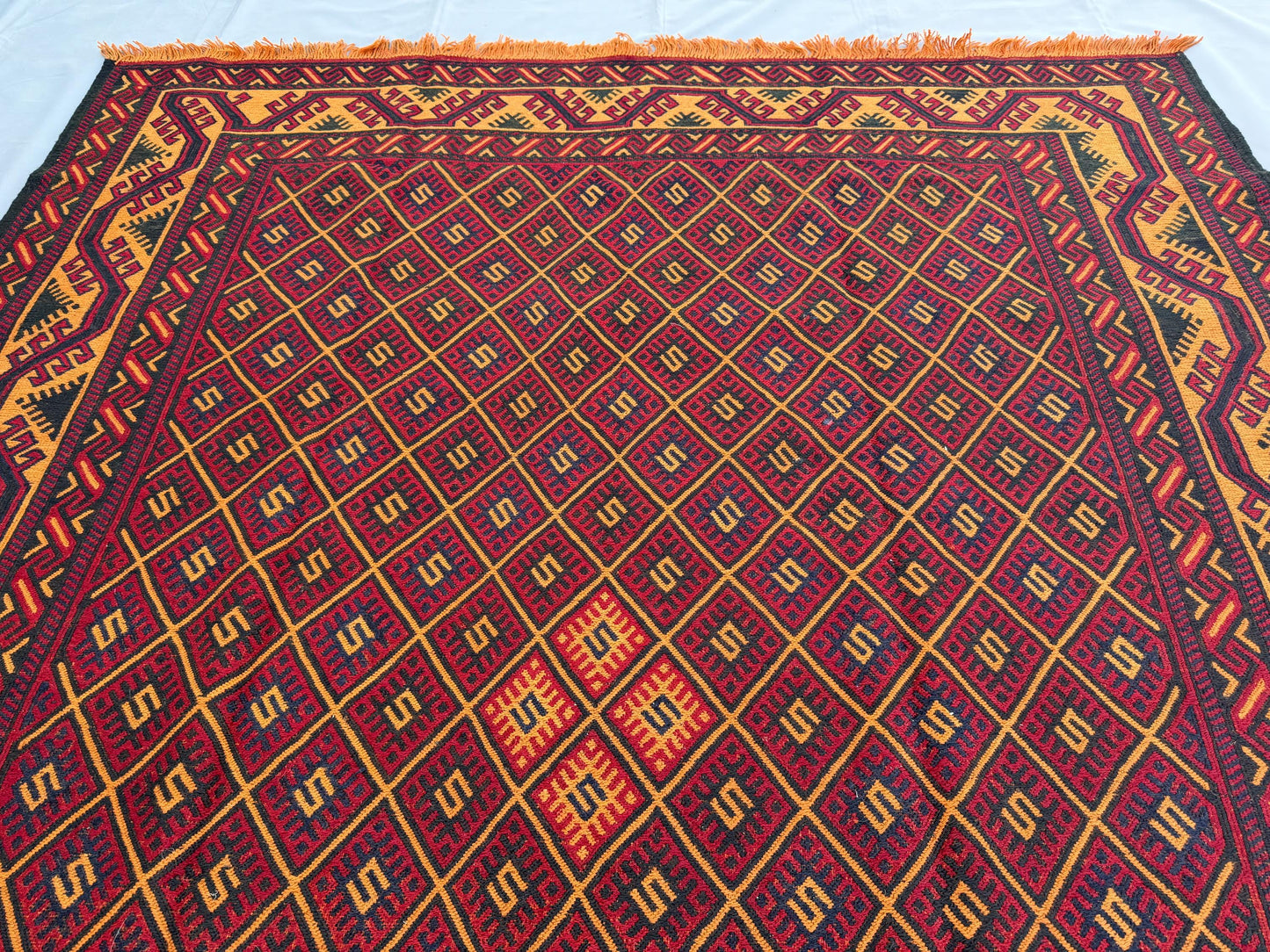 7x9ft Golden &amp; Rustic Red Flat-Woven Embroidered Kilim - Afghan Tribal Woollen Rug - Qalai-Naw Area Rug for Living Room and Bedroom