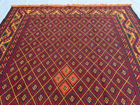 7x9ft Golden &amp; Rustic Red Flat-Woven Embroidered Kilim - Afghan Tribal Woollen Rug - Qalai-Naw Area Rug for Living Room and Bedroom