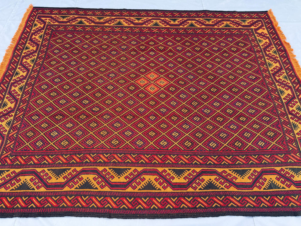 7x9ft Golden & Rustic Red Afghan Kilim - Handmade Qalai Naw Wool Area Rug