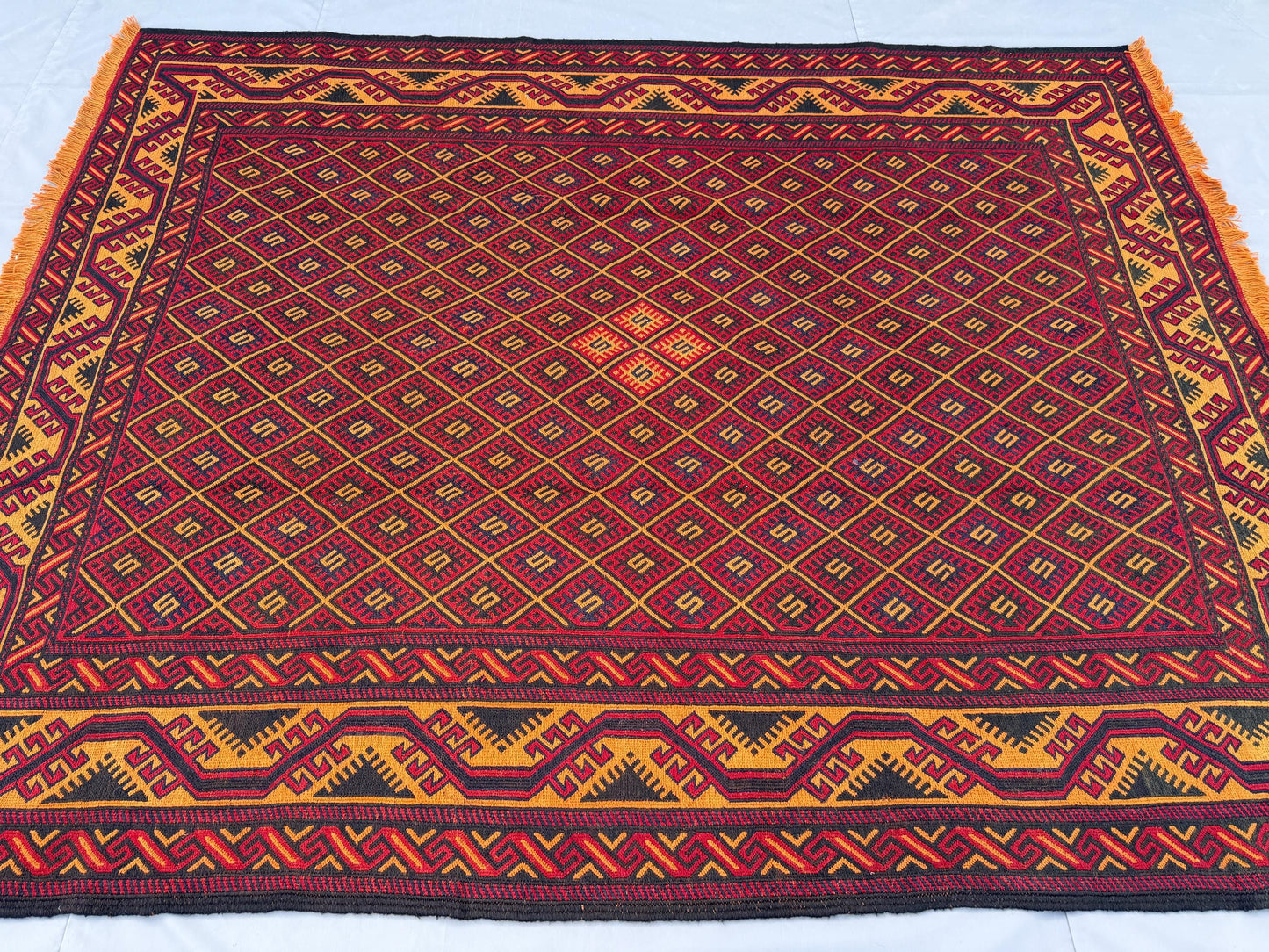 7x9ft Golden &amp; Rustic Red Flat-Woven Embroidered Kilim - Afghan Tribal Woollen Rug - Qalai-Naw Area Rug for Living Room and Bedroom