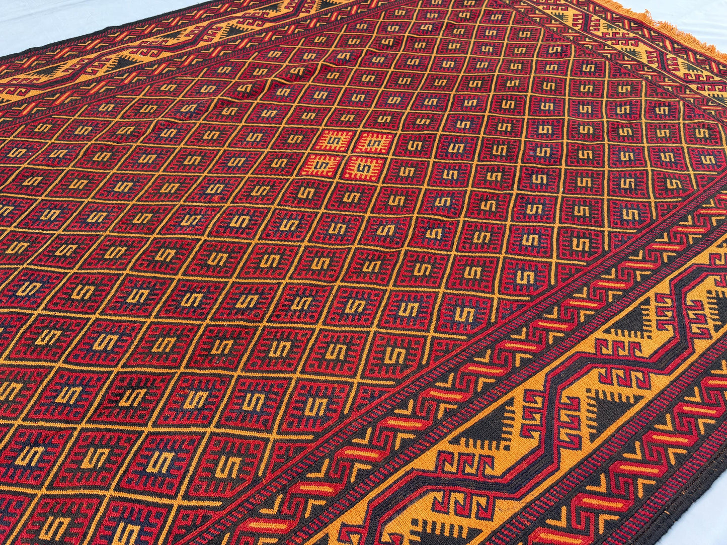 7x9ft Golden &amp; Rustic Red Flat-Woven Embroidered Kilim - Afghan Tribal Woollen Rug - Qalai-Naw Area Rug for Living Room and Bedroom