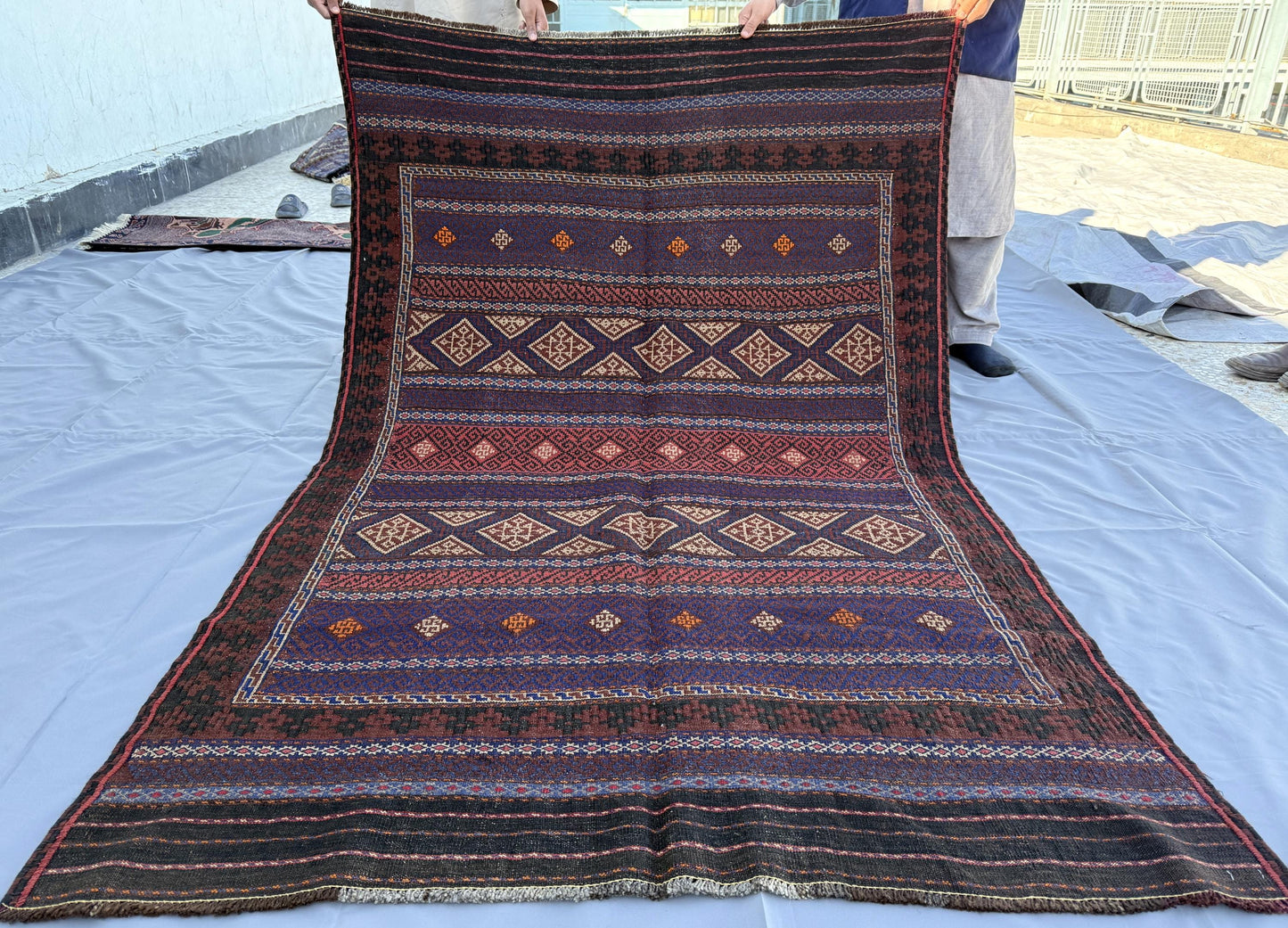 4.3x6.8ft Colourful Flat-Woven Embroidered Kilim - Vintage Afghan Tribal Woollen Rug - Qalai-Naw Area Rug for Living Room and Bedroom