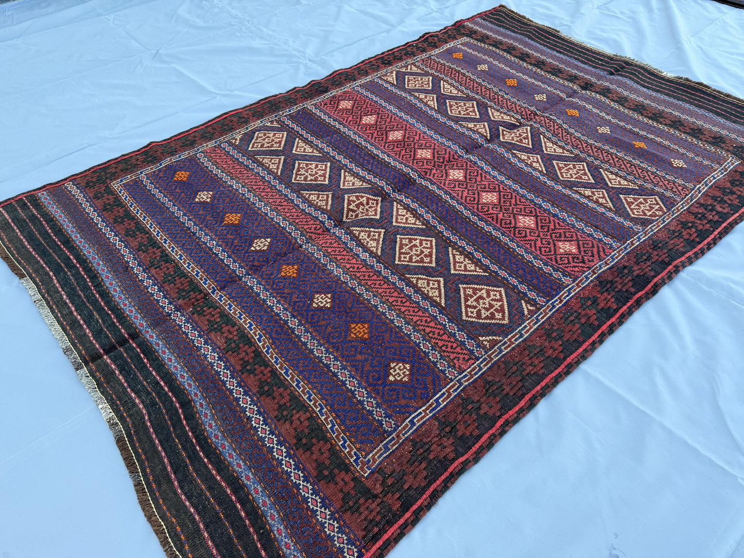 4.3x6.8ft Colourful Flat-Woven Embroidered Kilim - Vintage Afghan Tribal Woollen Rug - Qalai-Naw Area Rug for Living Room and Bedroom