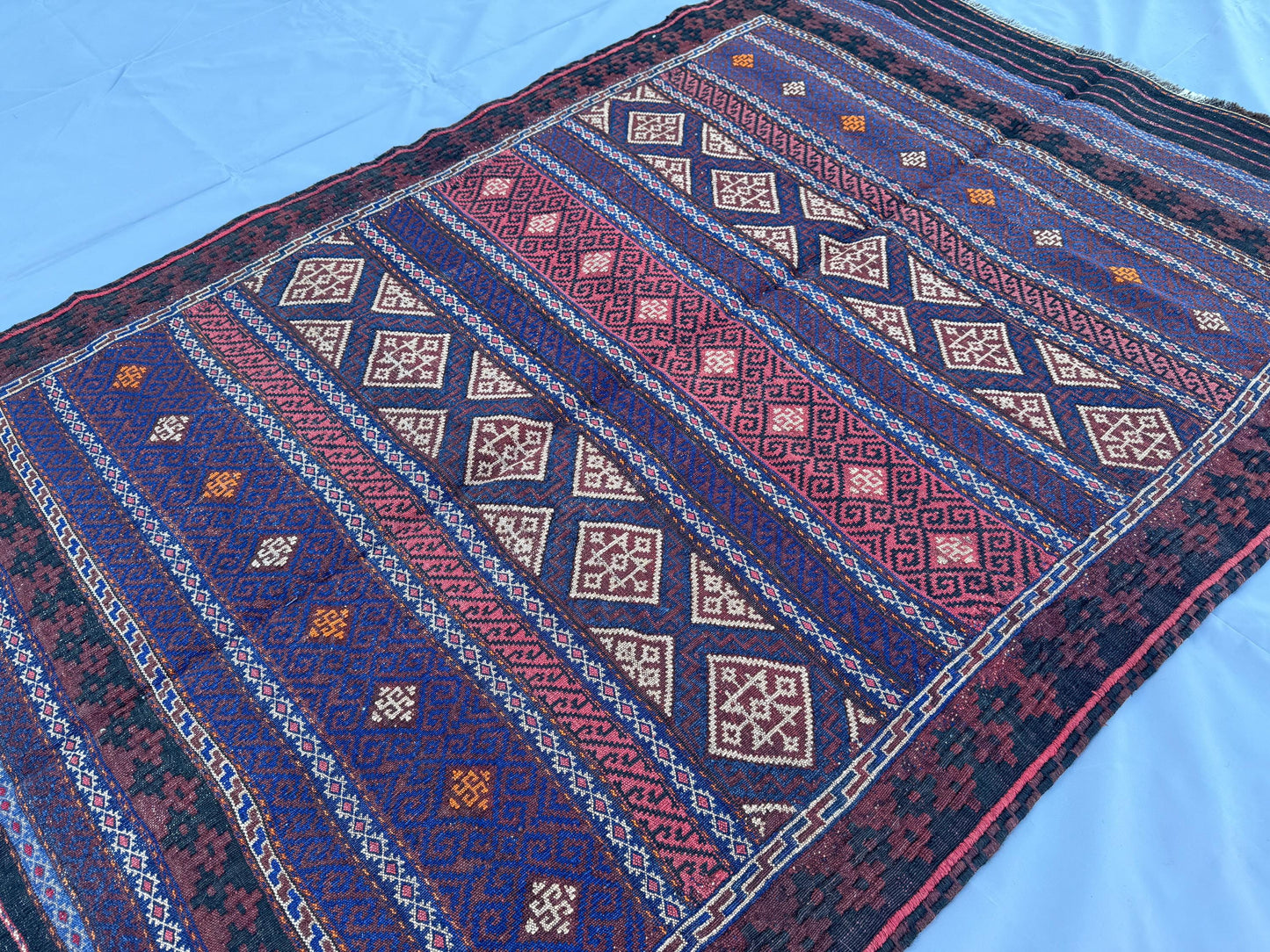 4.3x6.8ft Colourful Flat-Woven Embroidered Kilim - Vintage Afghan Tribal Woollen Rug - Qalai-Naw Area Rug for Living Room and Bedroom