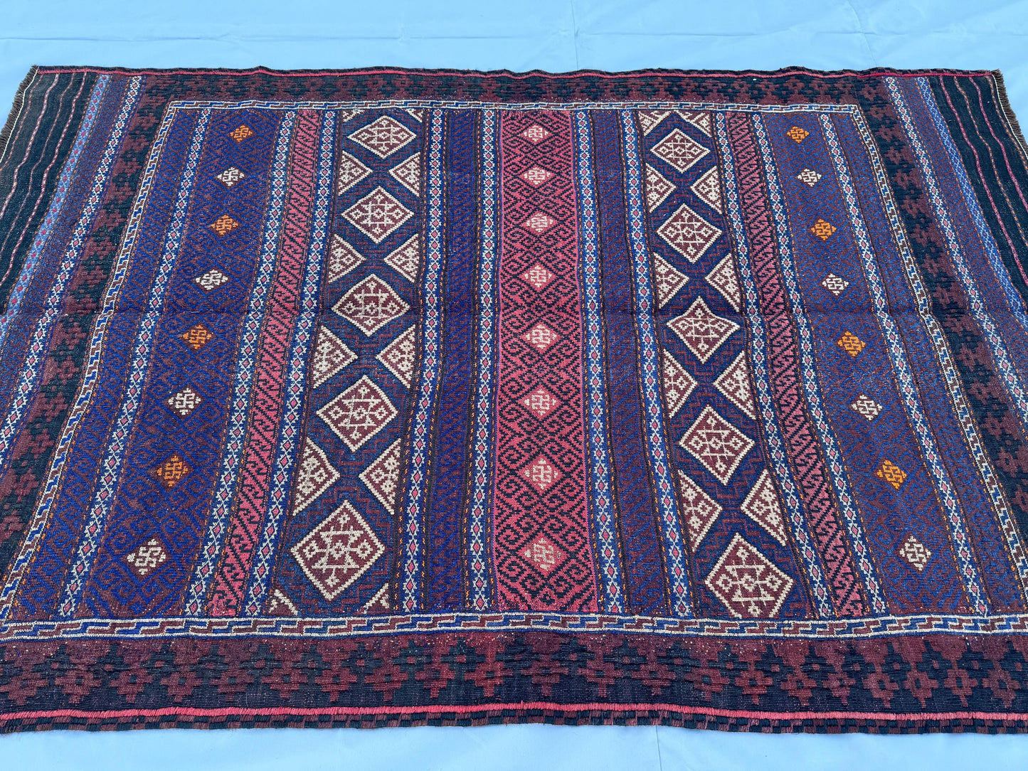 4.3x6.8ft Colourful Flat-Woven Embroidered Kilim - Vintage Afghan Tribal Woollen Rug - Qalai-Naw Area Rug for Living Room and Bedroom