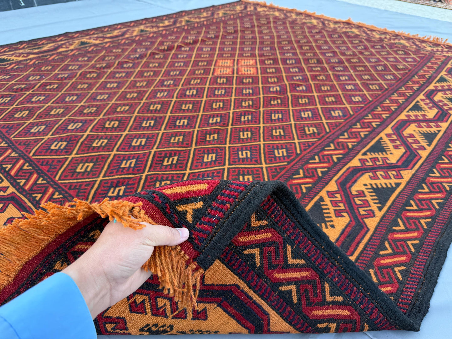 7x9ft Golden &amp; Rustic Red Flat-Woven Embroidered Kilim - Afghan Tribal Woollen Rug - Qalai-Naw Area Rug for Living Room and Bedroom