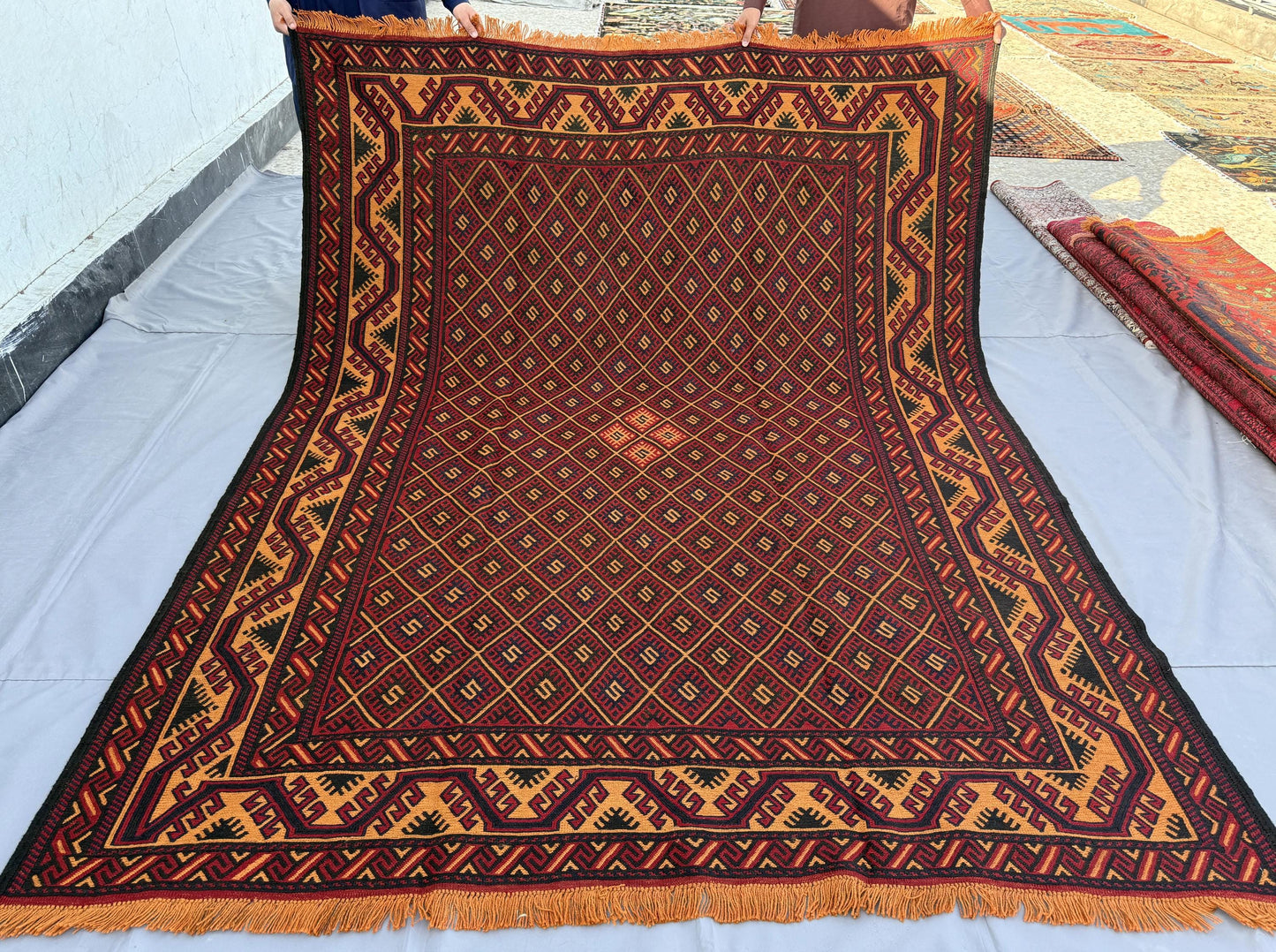 7x9ft Golden &amp; Rustic Red Flat-Woven Embroidered Kilim - Afghan Tribal Woollen Rug - Qalai-Naw Area Rug for Living Room and Bedroom