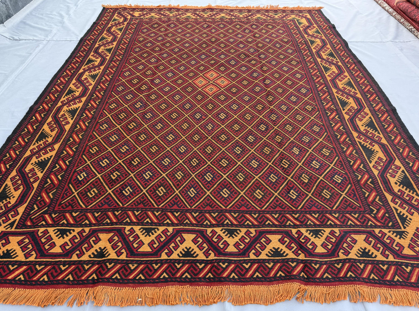 7x9ft Golden &amp; Rustic Red Flat-Woven Embroidered Kilim - Afghan Tribal Woollen Rug - Qalai-Naw Area Rug for Living Room and Bedroom