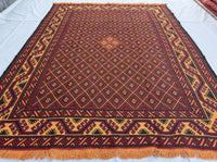 7x9ft Golden &amp; Rustic Red Flat-Woven Embroidered Kilim - Afghan Tribal Woollen Rug - Qalai-Naw Area Rug for Living Room and Bedroom