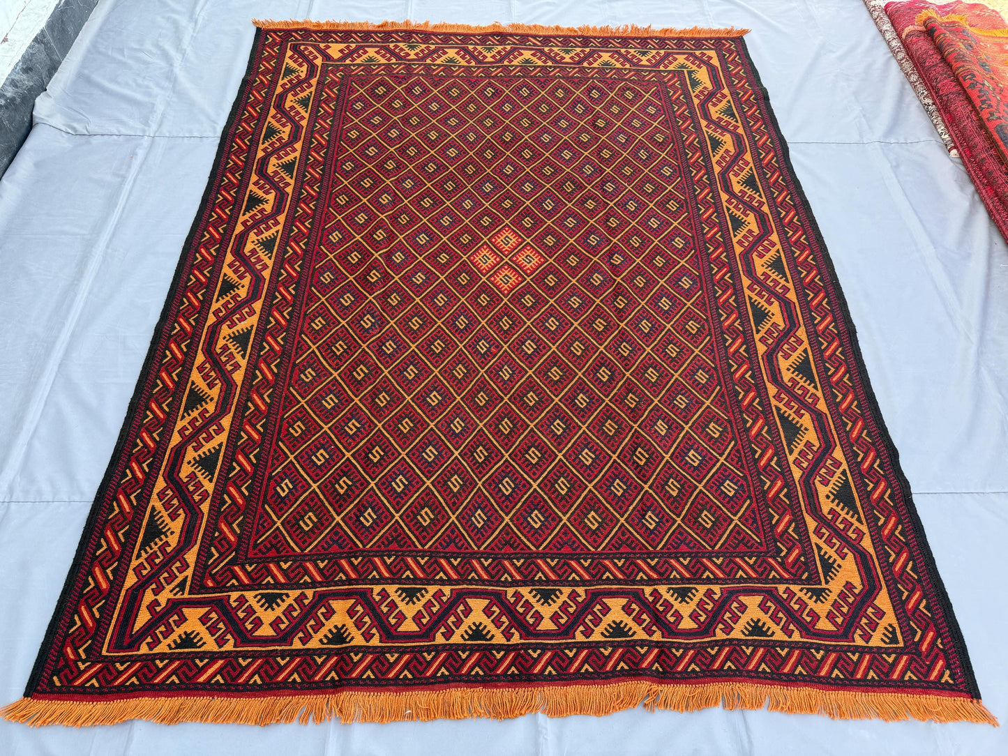 7x9ft Golden &amp; Rustic Red Flat-Woven Embroidered Kilim - Afghan Tribal Woollen Rug - Qalai-Naw Area Rug for Living Room and Bedroom