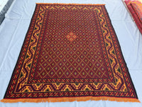 7x9ft Golden &amp; Rustic Red Flat-Woven Embroidered Kilim - Afghan Tribal Woollen Rug - Qalai-Naw Area Rug for Living Room and Bedroom