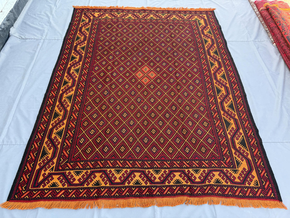 7x9ft Golden & Rustic Red Afghan Kilim - Handmade Qalai Naw Wool Area Rug