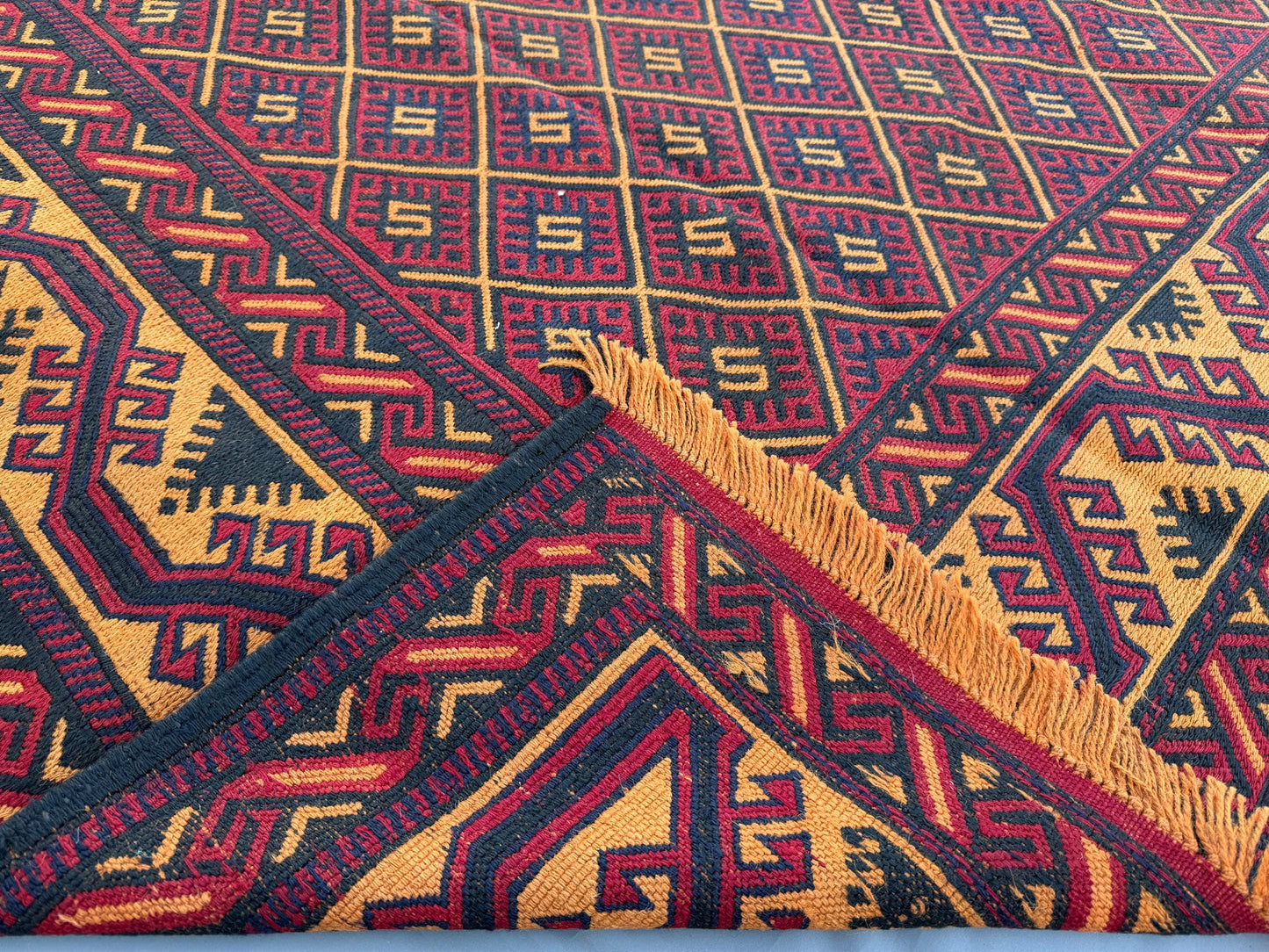 7x9ft Golden &amp; Rustic Red Flat-Woven Embroidered Kilim - Afghan Tribal Woollen Rug - Qalai-Naw Area Rug for Living Room and Bedroom