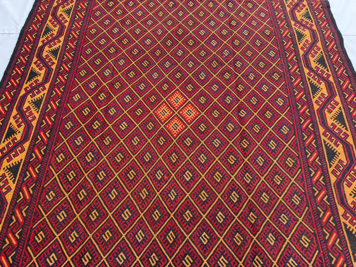 7x9ft Golden &amp; Rustic Red Flat-Woven Embroidered Kilim - Afghan Tribal Woollen Rug - Qalai-Naw Area Rug for Living Room and Bedroom