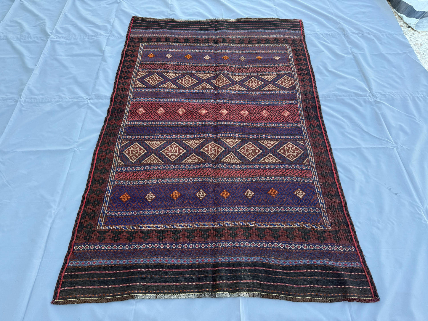 4.3x6.8ft Colourful Flat-Woven Embroidered Kilim - Vintage Afghan Tribal Woollen Rug - Qalai-Naw Area Rug for Living Room and Bedroom