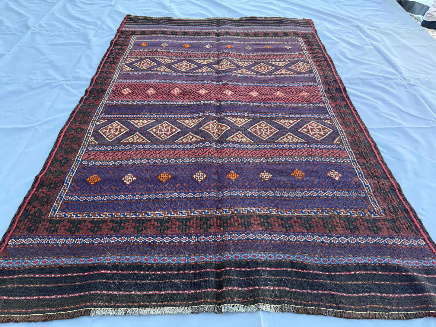 4.3x6.8ft Colourful Flat-Woven Embroidered Kilim - Vintage Afghan Tribal Woollen Rug - Qalai-Naw Area Rug for Living Room and Bedroom
