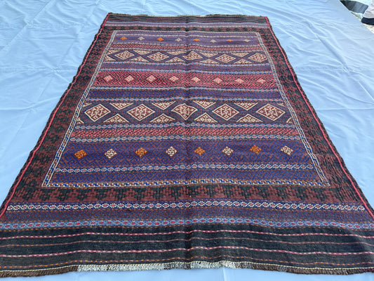 4.3x6.8ft Colourful Flat-Woven Embroidered Kilim - Vintage Afghan Tribal Woollen Rug - Qalai-Naw Area Rug for Living Room and Bedroom