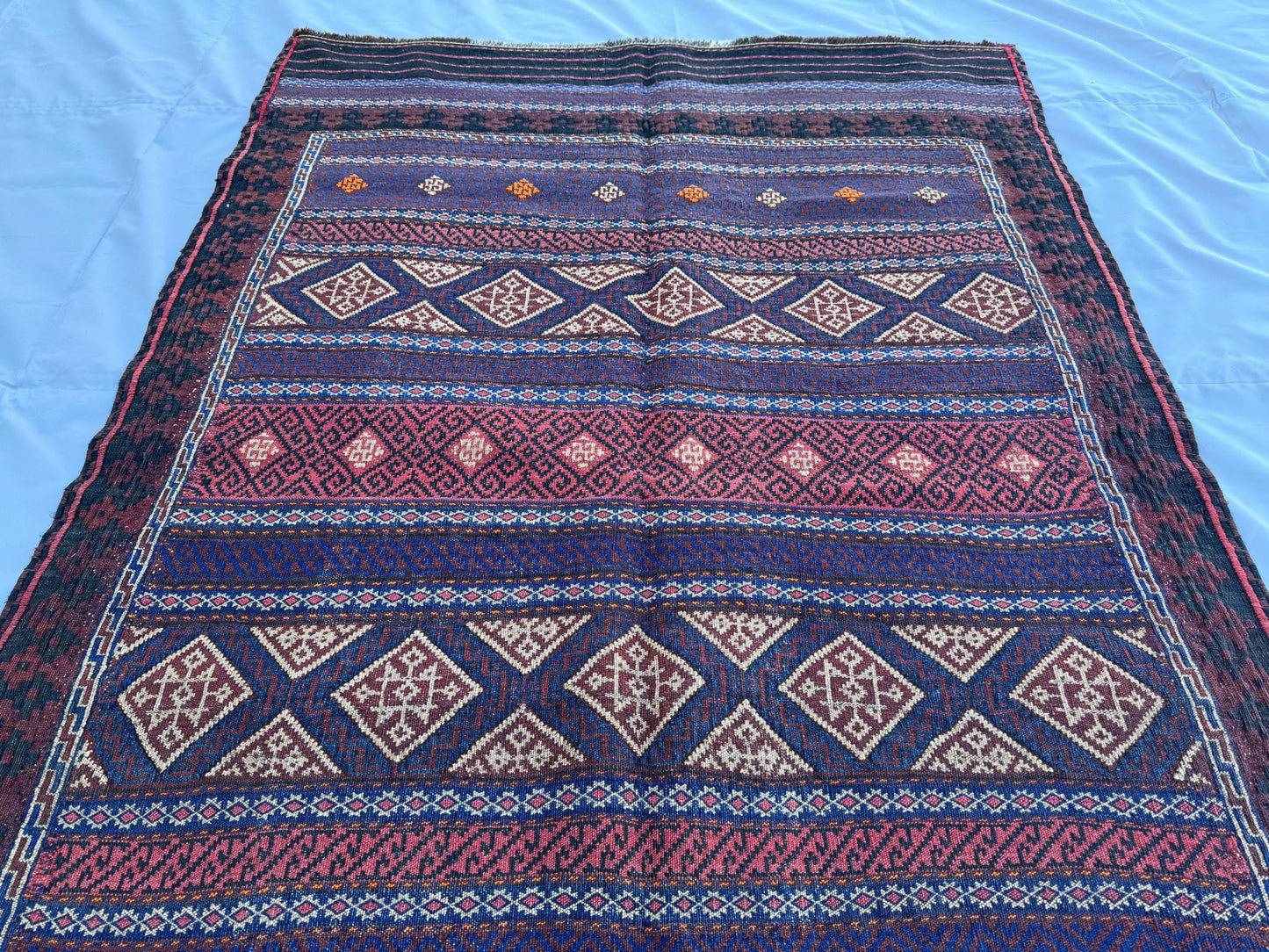 4.3x6.8ft Colourful Flat-Woven Embroidered Kilim - Vintage Afghan Tribal Woollen Rug - Qalai-Naw Area Rug for Living Room and Bedroom